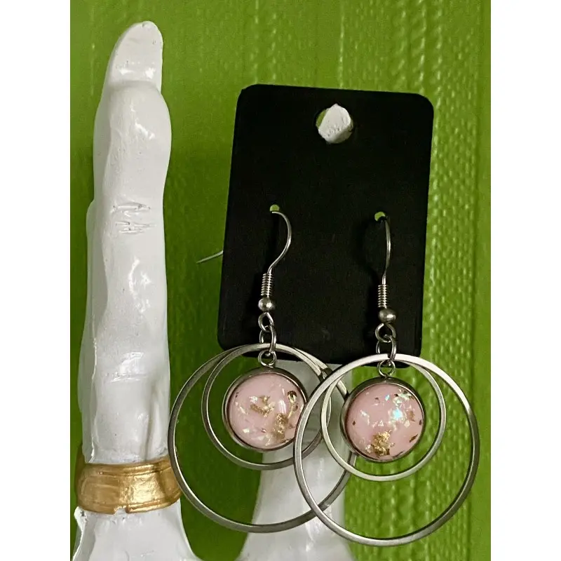 Boucle d'oreilles - Cabochon Rose à paillettes 
